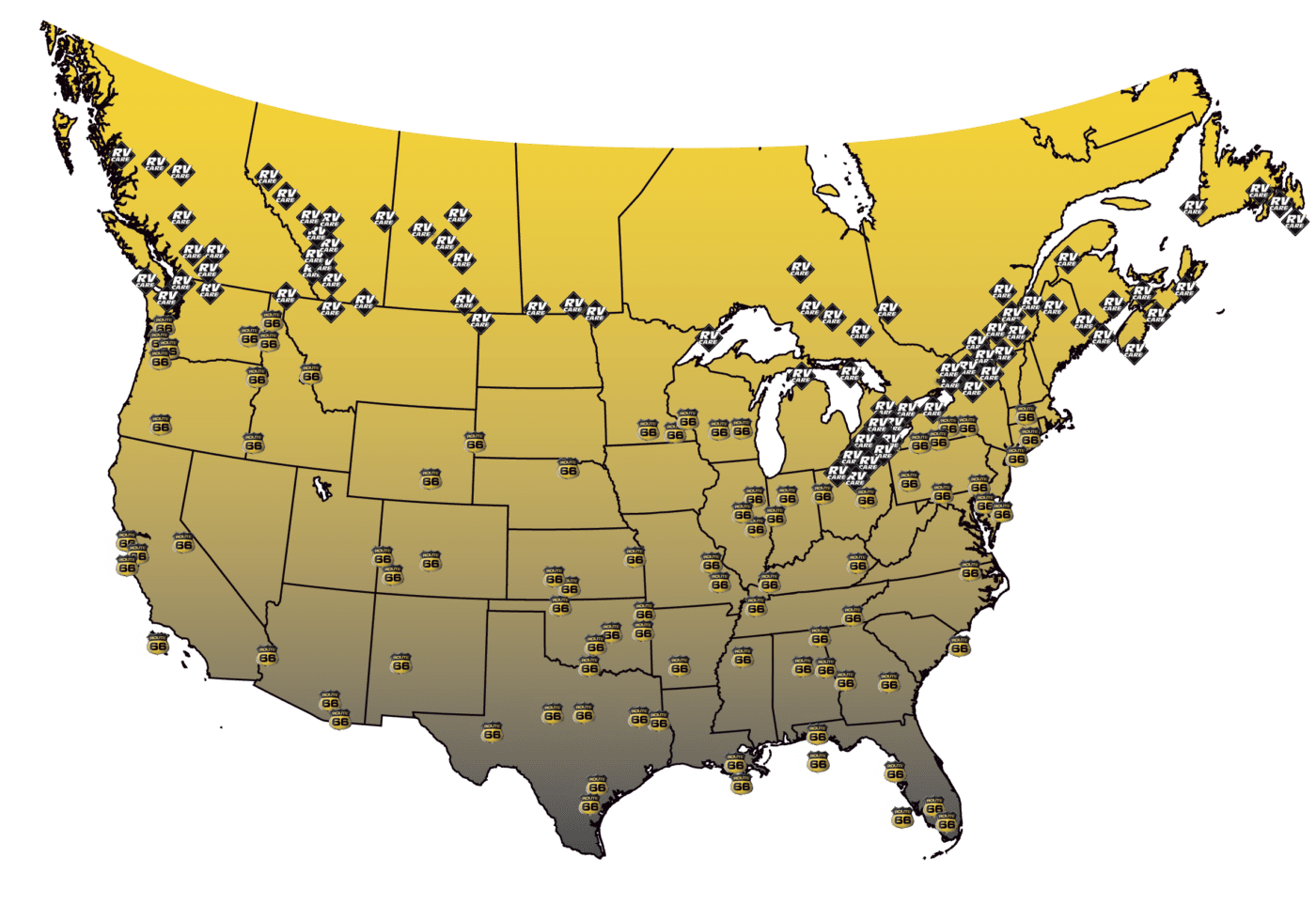 RV Care and Route 66 dealer network across Canada and the US
